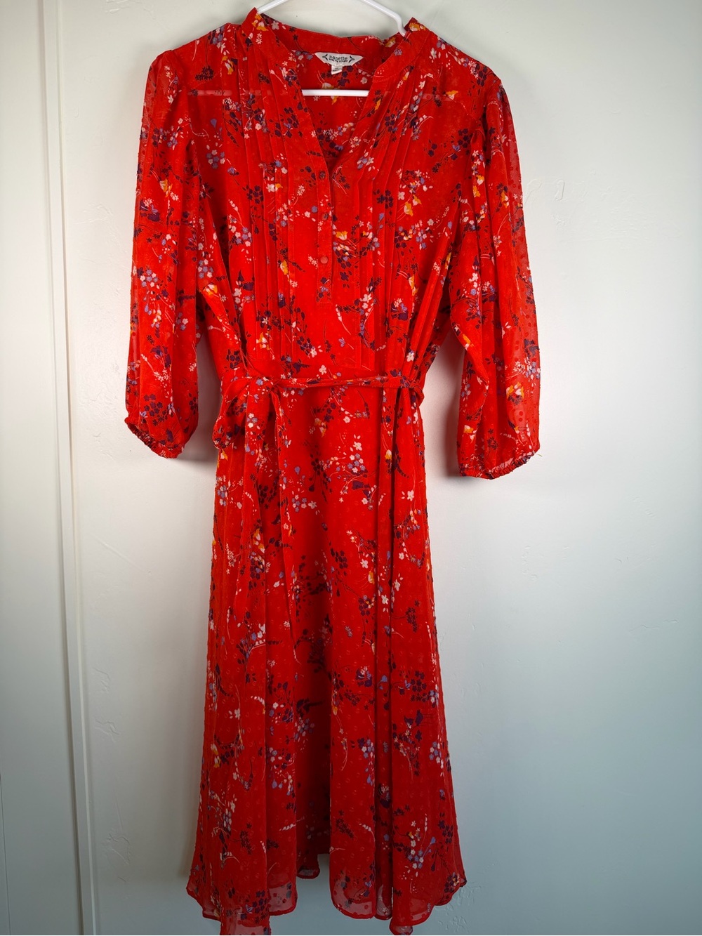 Nanette Lepore Floral Swiss Dot Chiffon Midi Dress Size 10 Red Orange Tie Waist